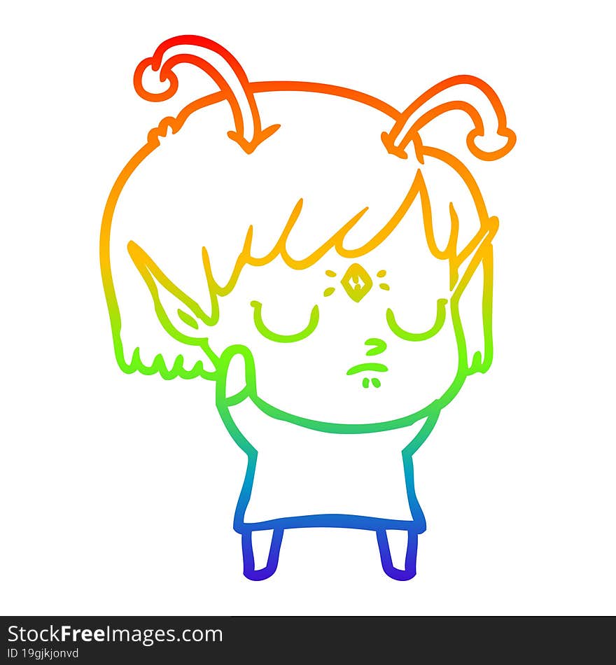 rainbow gradient line drawing of a cartoon alien girl