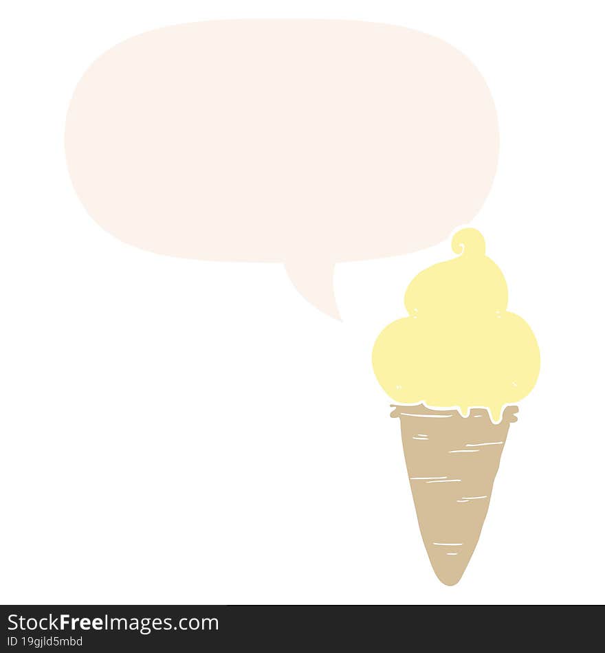 cartoon ice cream with speech bubble in retro style