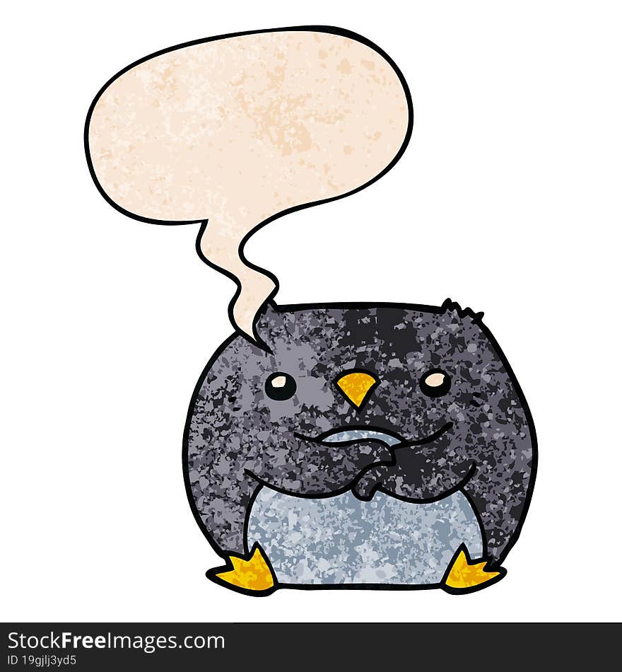 cartoon penguin and speech bubble in retro texture style