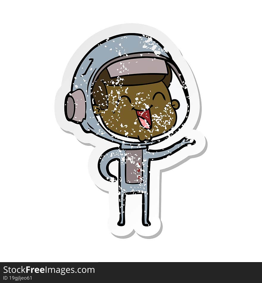 distressed sticker of a happy cartoon astronaut