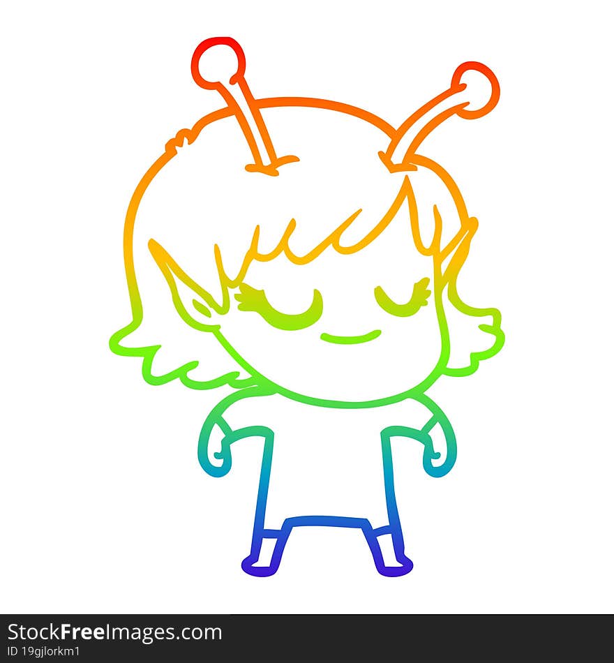 rainbow gradient line drawing smiling alien girl cartoon