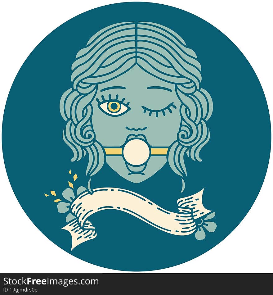 icon with banner of winking female face with ball gag