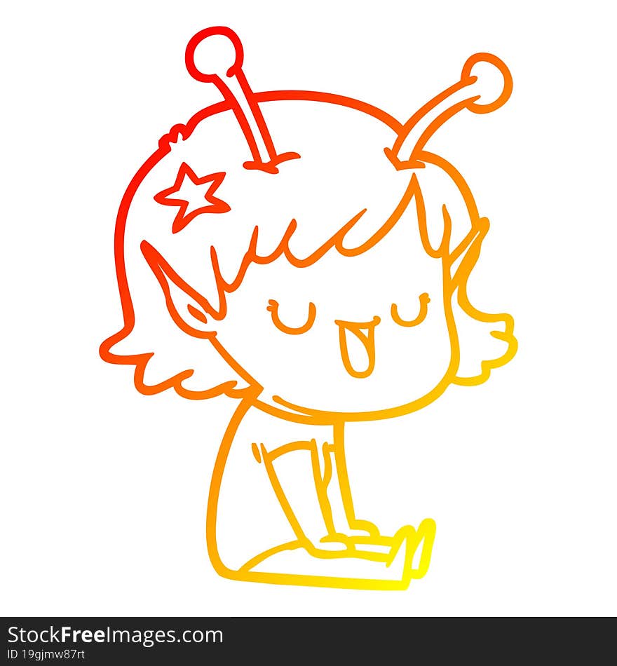 warm gradient line drawing of a happy alien girl cartoon laughing