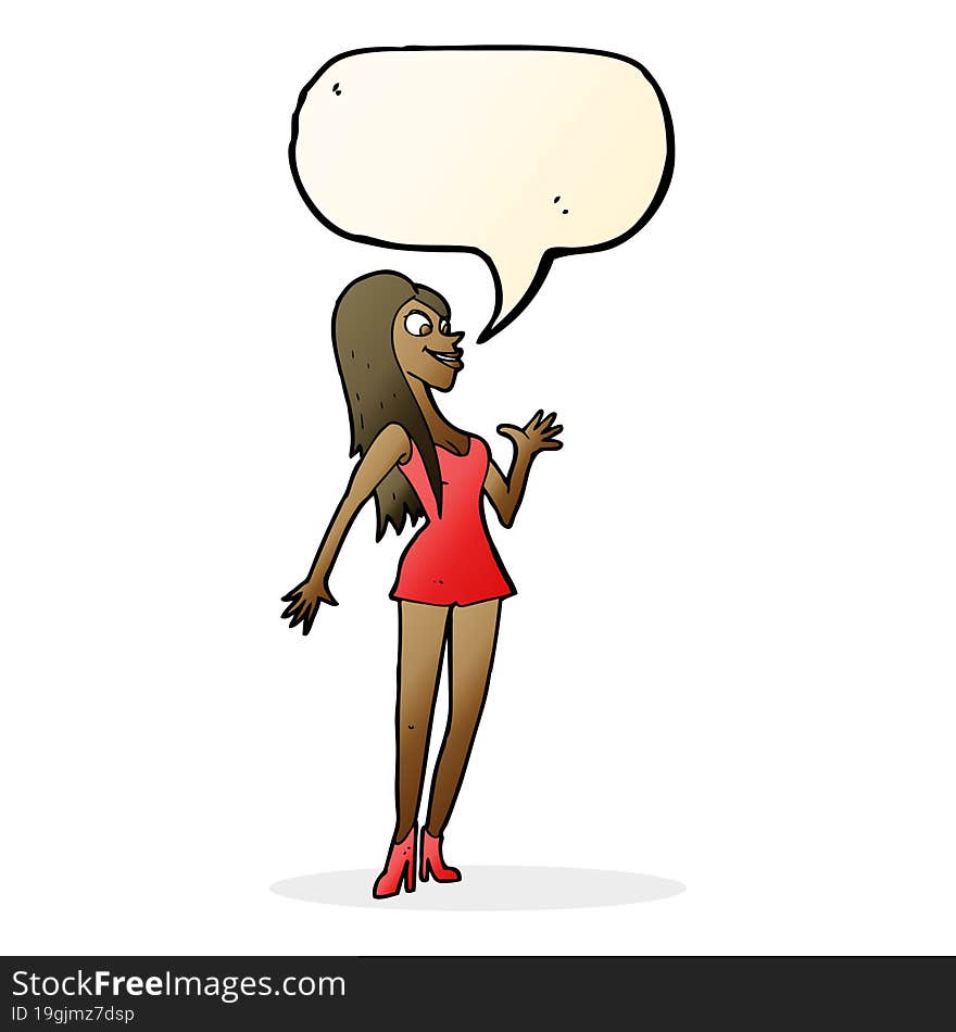 cartoon woman in pink dress with speech bubble