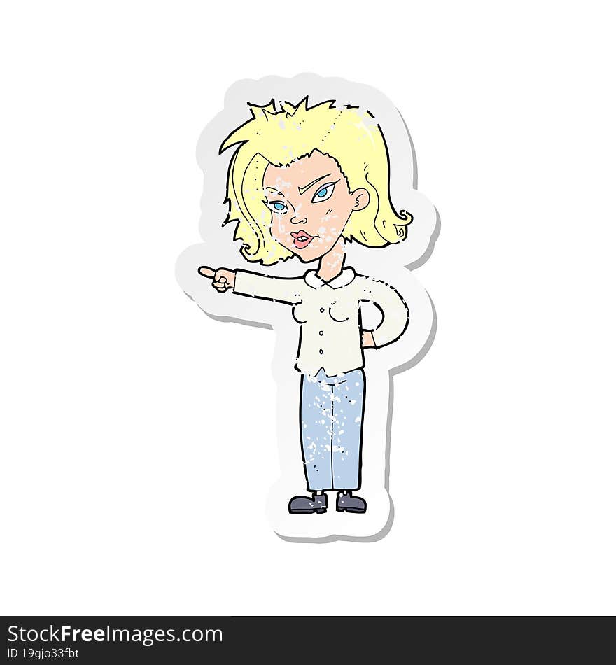 retro distressed sticker of a cartoon woman pointing