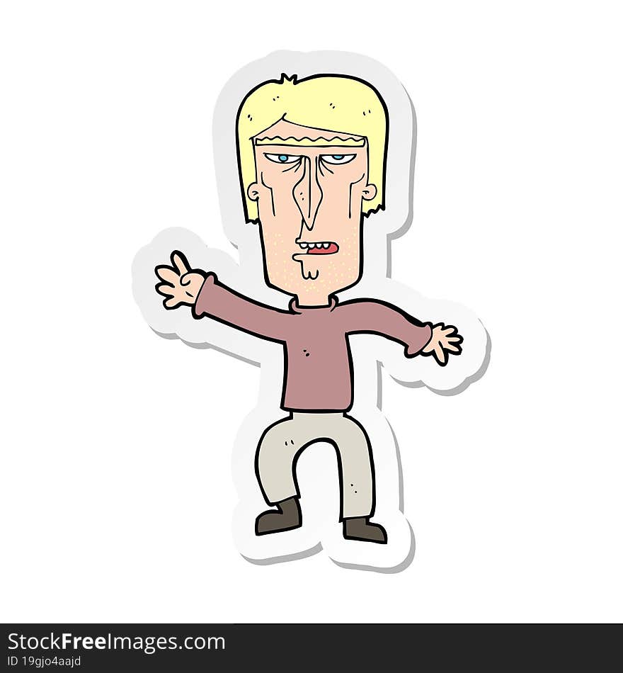 sticker of a cartoon angry man waving warning