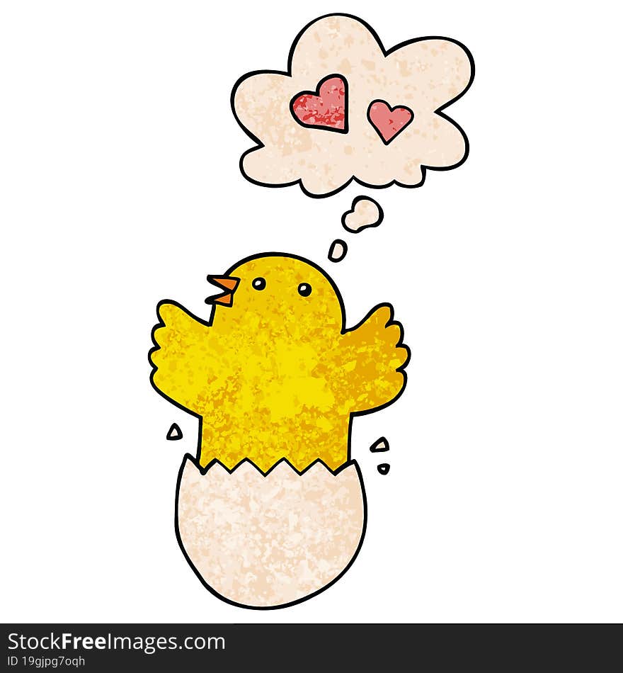 cute hatching chick cartoon with thought bubble in grunge texture style. cute hatching chick cartoon with thought bubble in grunge texture style