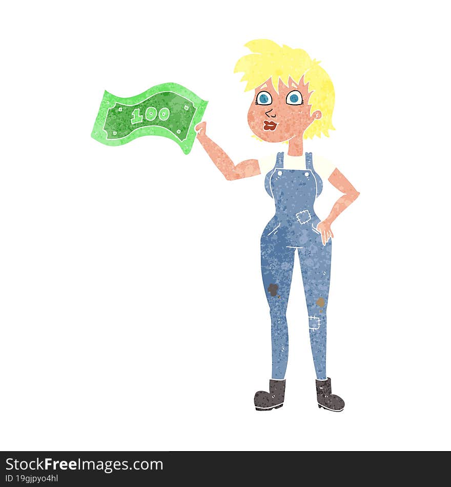 freehand retro cartoon confident farmer woman with money