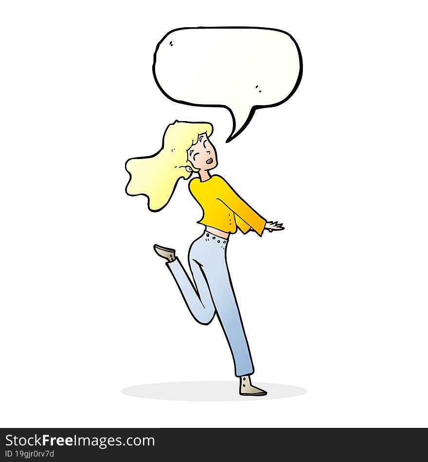 cartoon happy girl kicking out leg with speech bubble