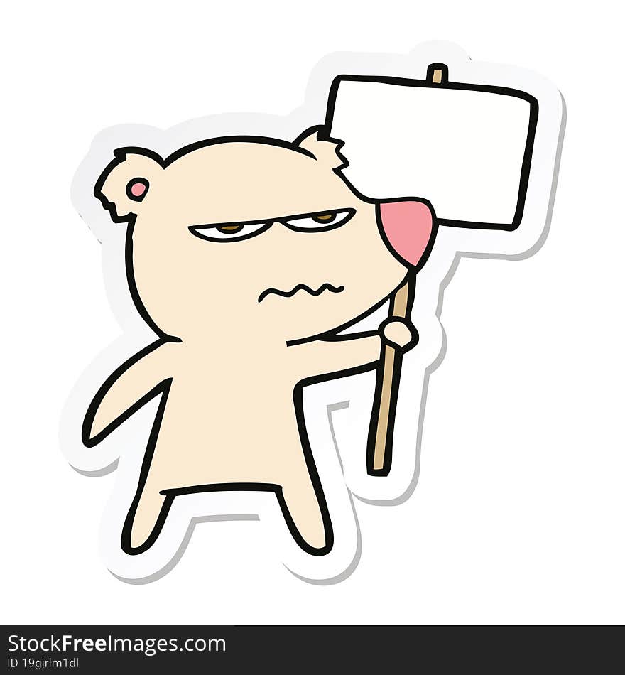 sticker of a angry bear cartoon holding placard