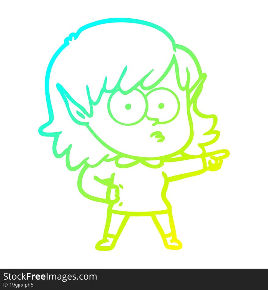 Cold Gradient Line Drawing Cartoon Elf Girl Staring And Pointing