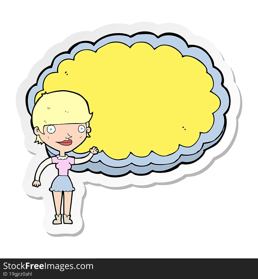 sticker of a cartoon woman with space text cloud