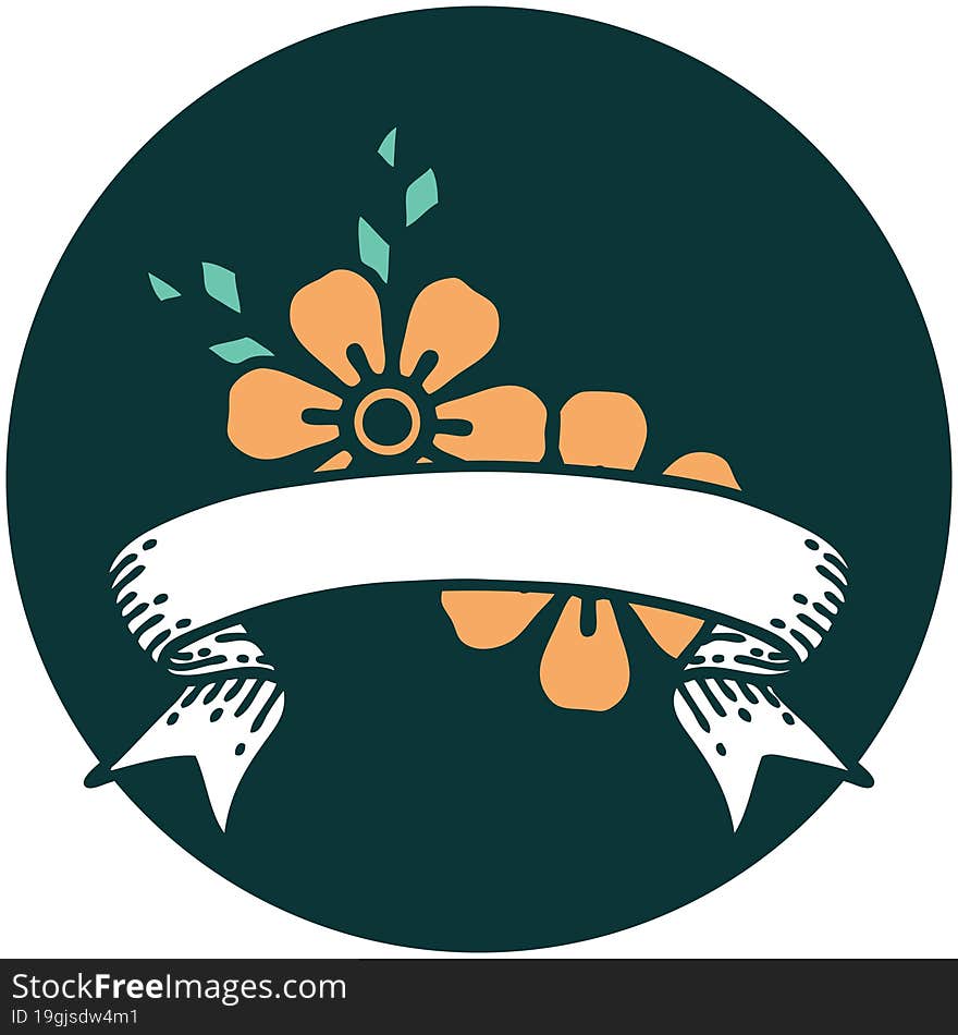 tattoo style icon with banner of flowers