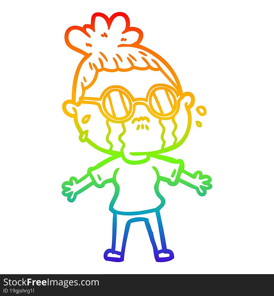 rainbow gradient line drawing cartoon crying woman wearing spectacles