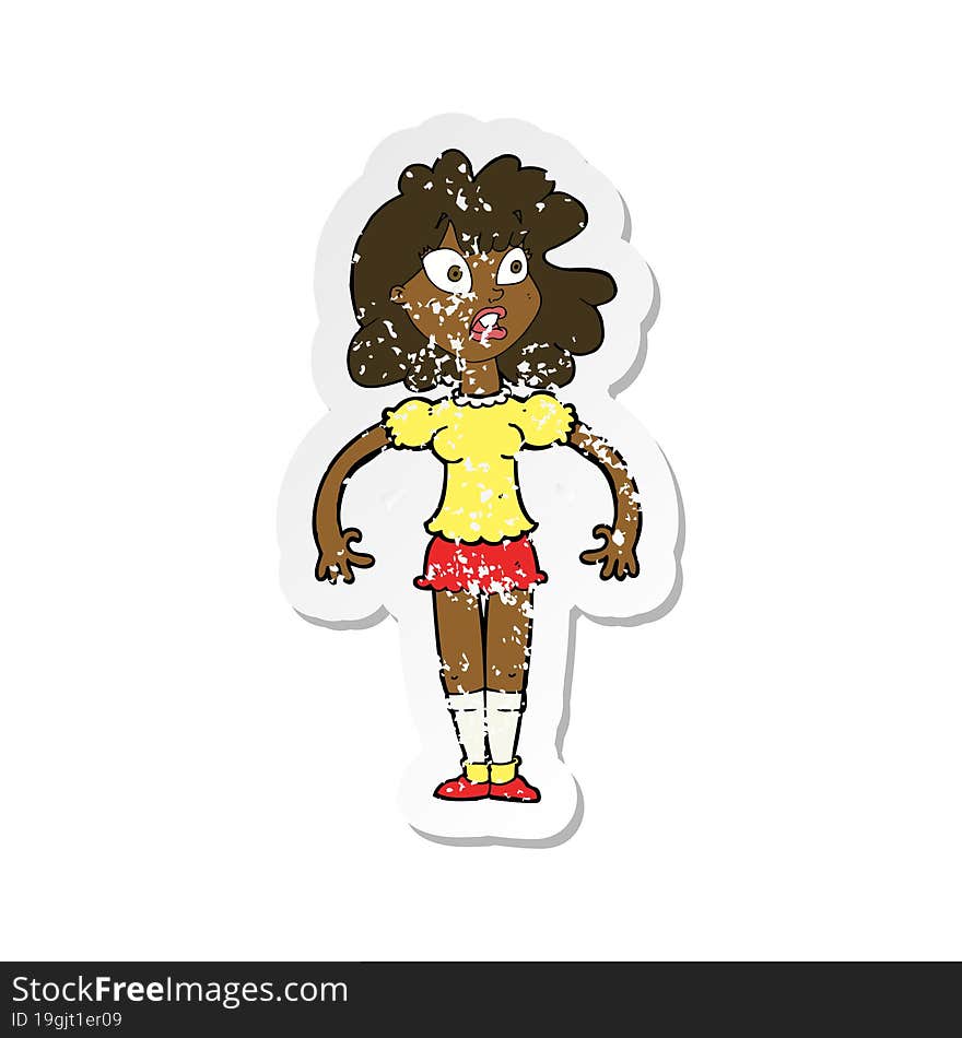 Retro Distressed Sticker Of A Cartoon Pretty Girl With Shocked Expression