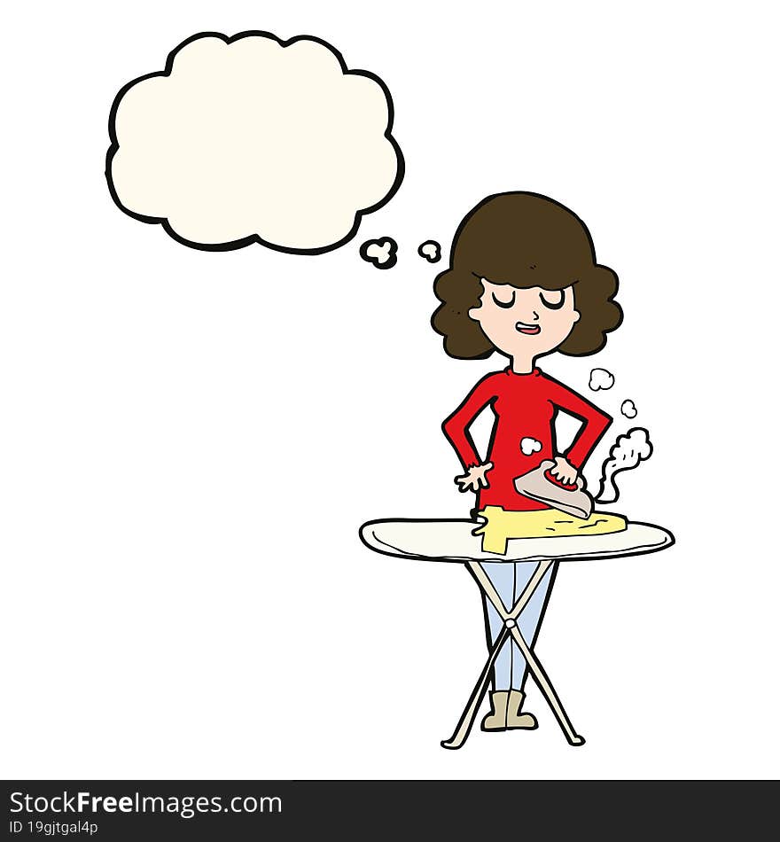 cartoon woman ironing with thought bubble