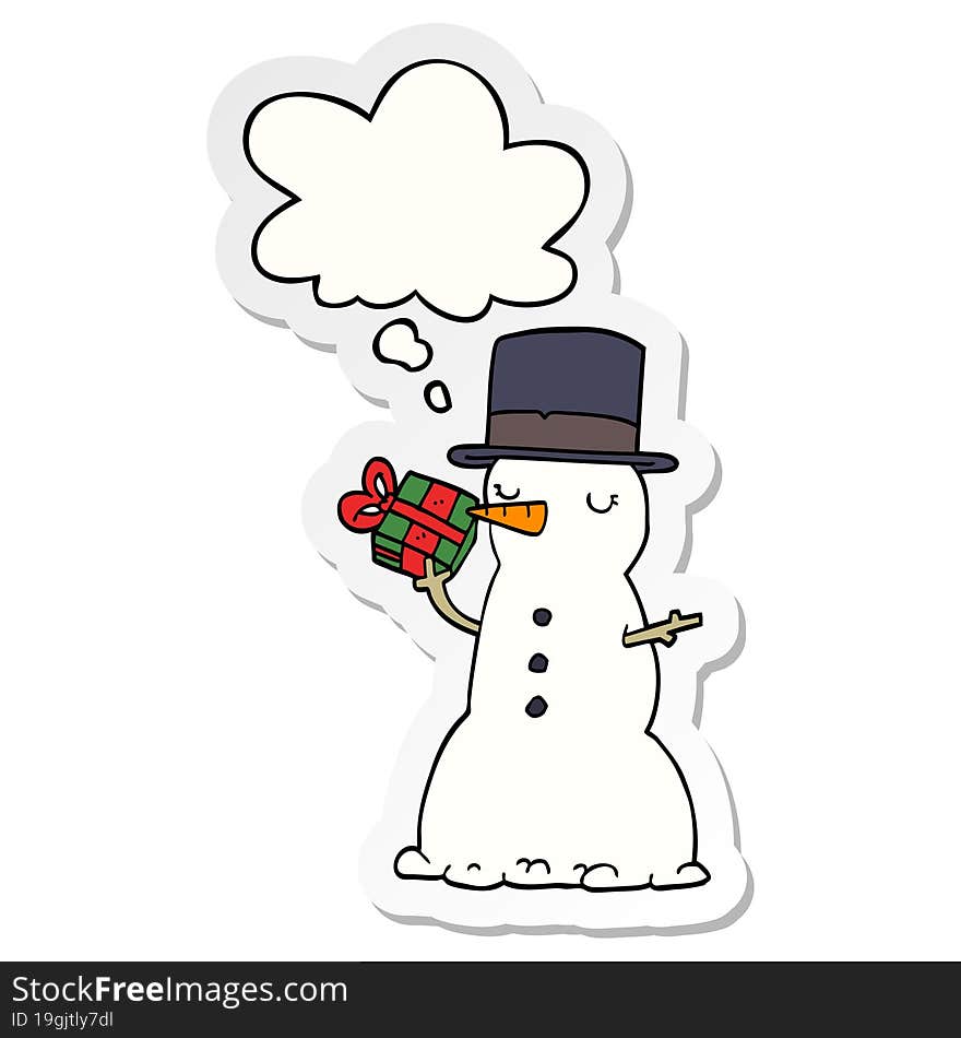 cartoon snowman and thought bubble as a printed sticker