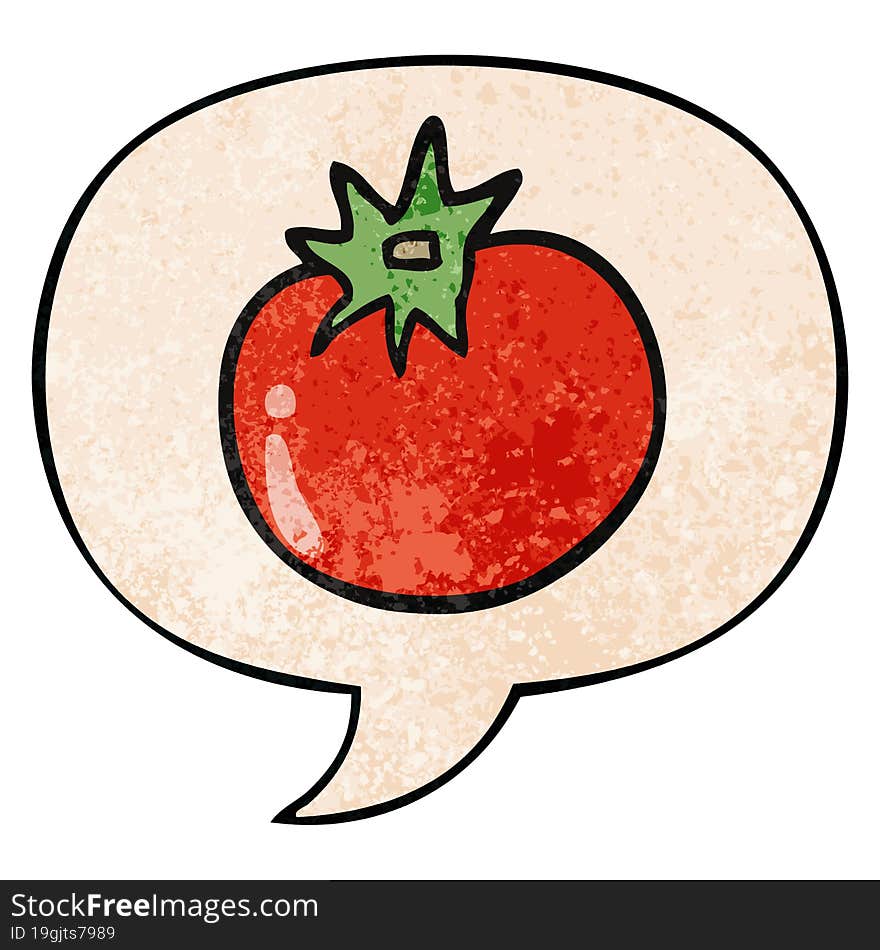 cartoon tomato and speech bubble in retro texture style