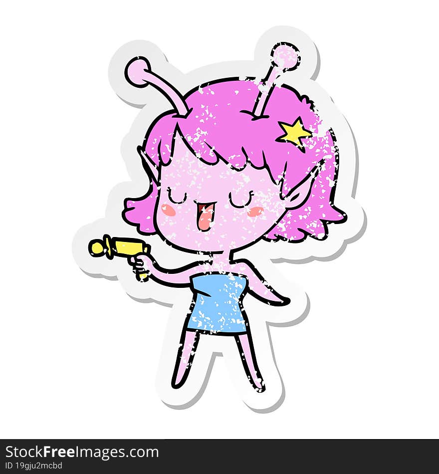 distressed sticker of a happy alien girl cartoon