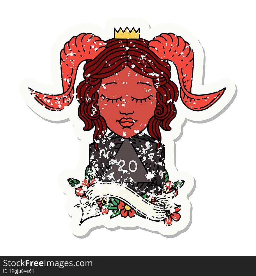 grunge sticker of a tiefling with natural twenty dice roll. grunge sticker of a tiefling with natural twenty dice roll