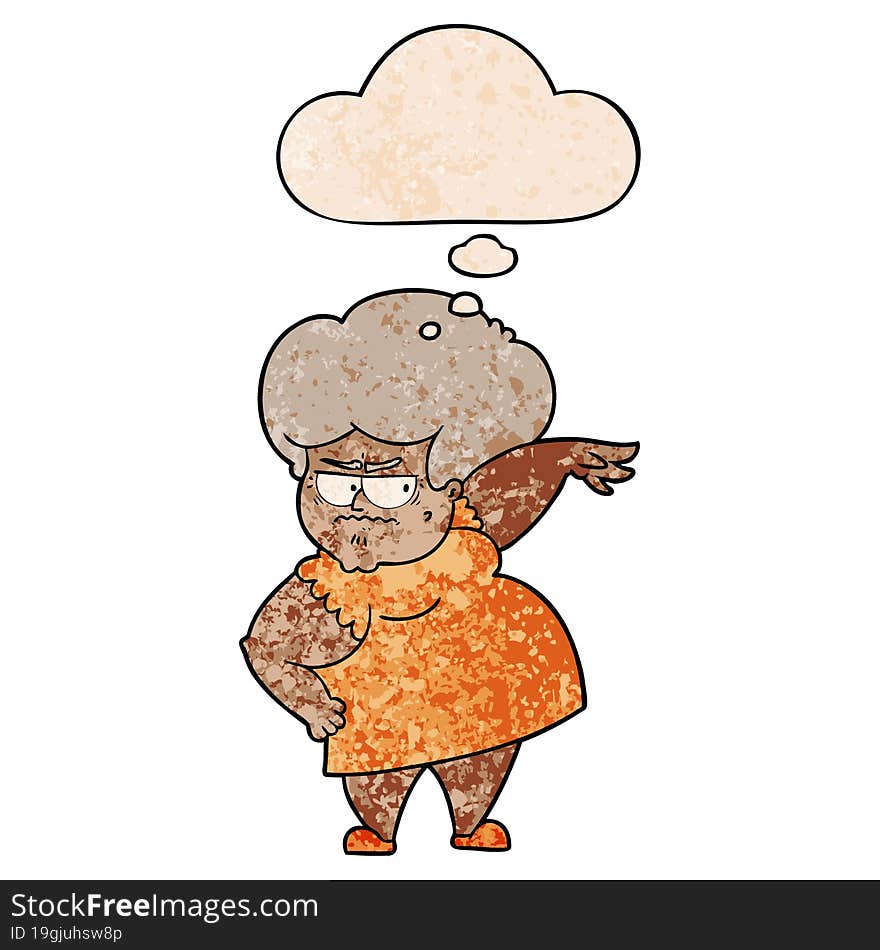 cartoon angry old woman and thought bubble in grunge texture pattern style