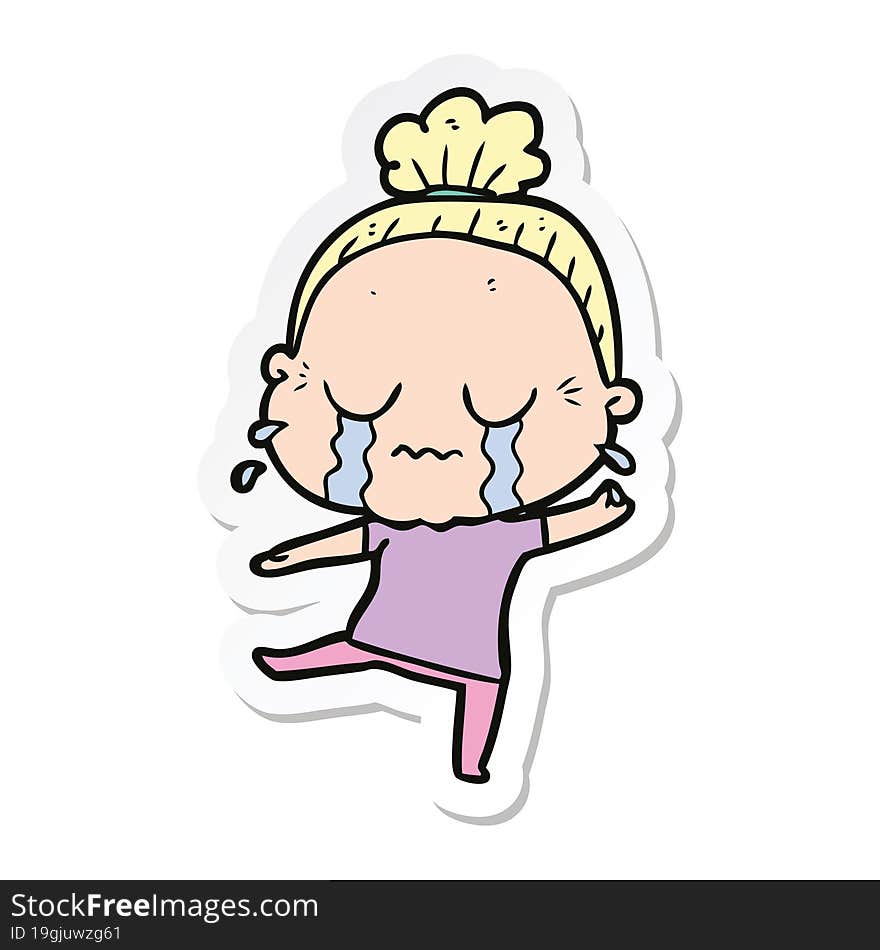 Sticker Of A Cartoon Crying Old Lady