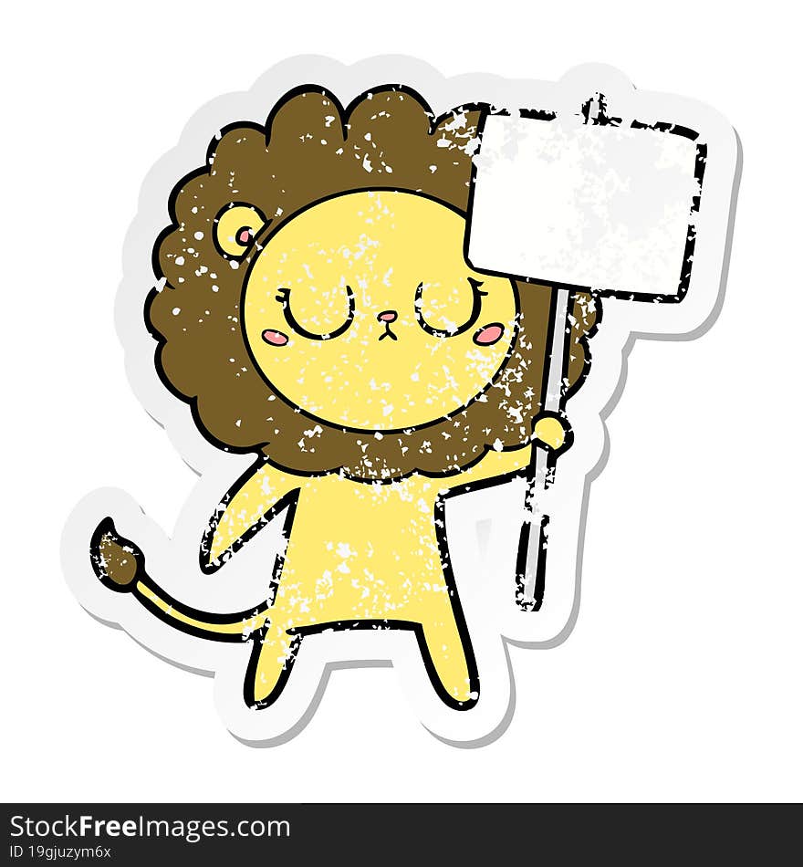 distressed sticker of a cartoon lion with protest sign