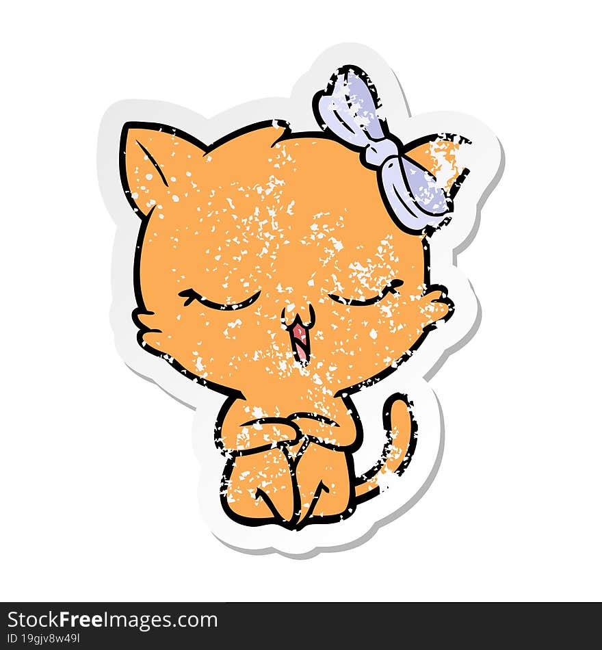 Distressed Sticker Of A Cartoon Cat With Bow On Head