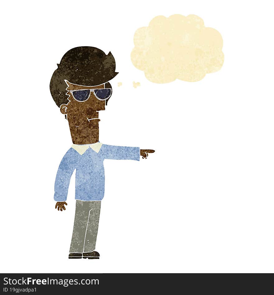 cartoon man in glasses pointing with thought bubble