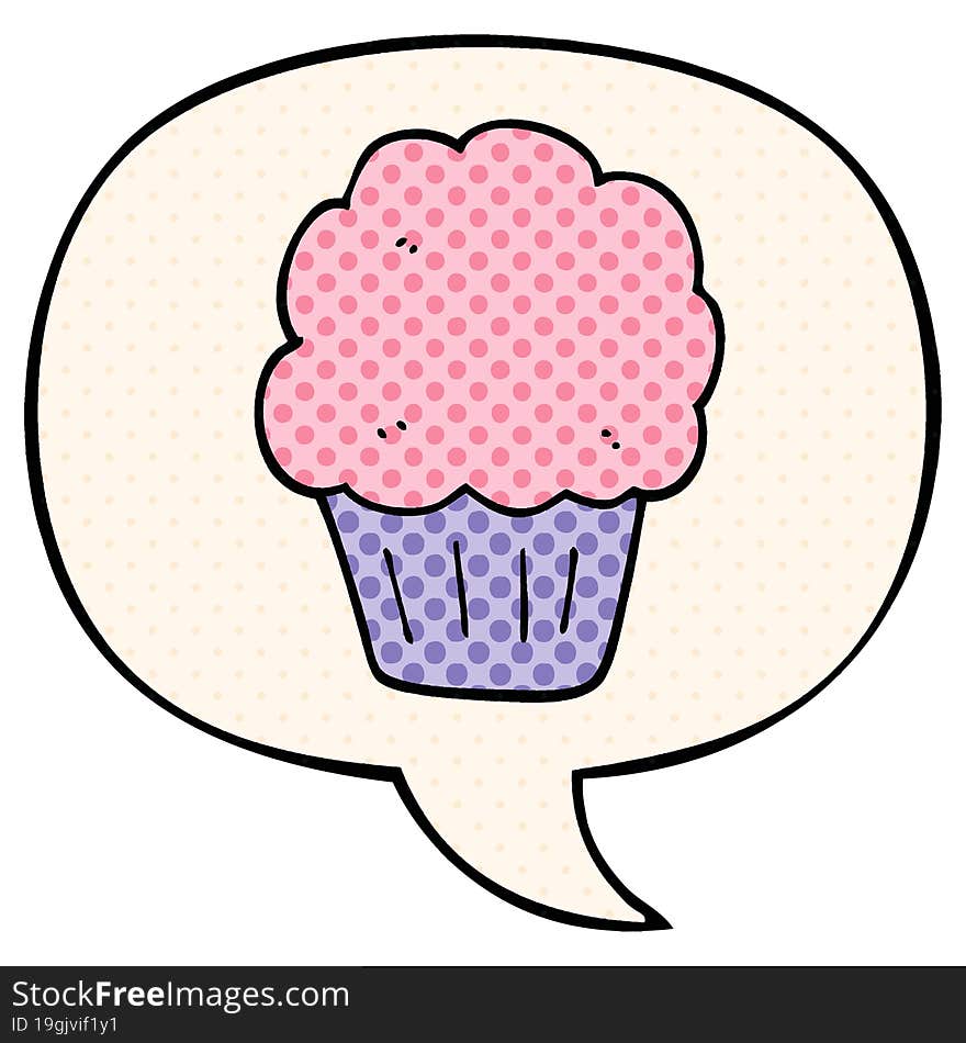 cartoon cupcake and speech bubble in comic book style