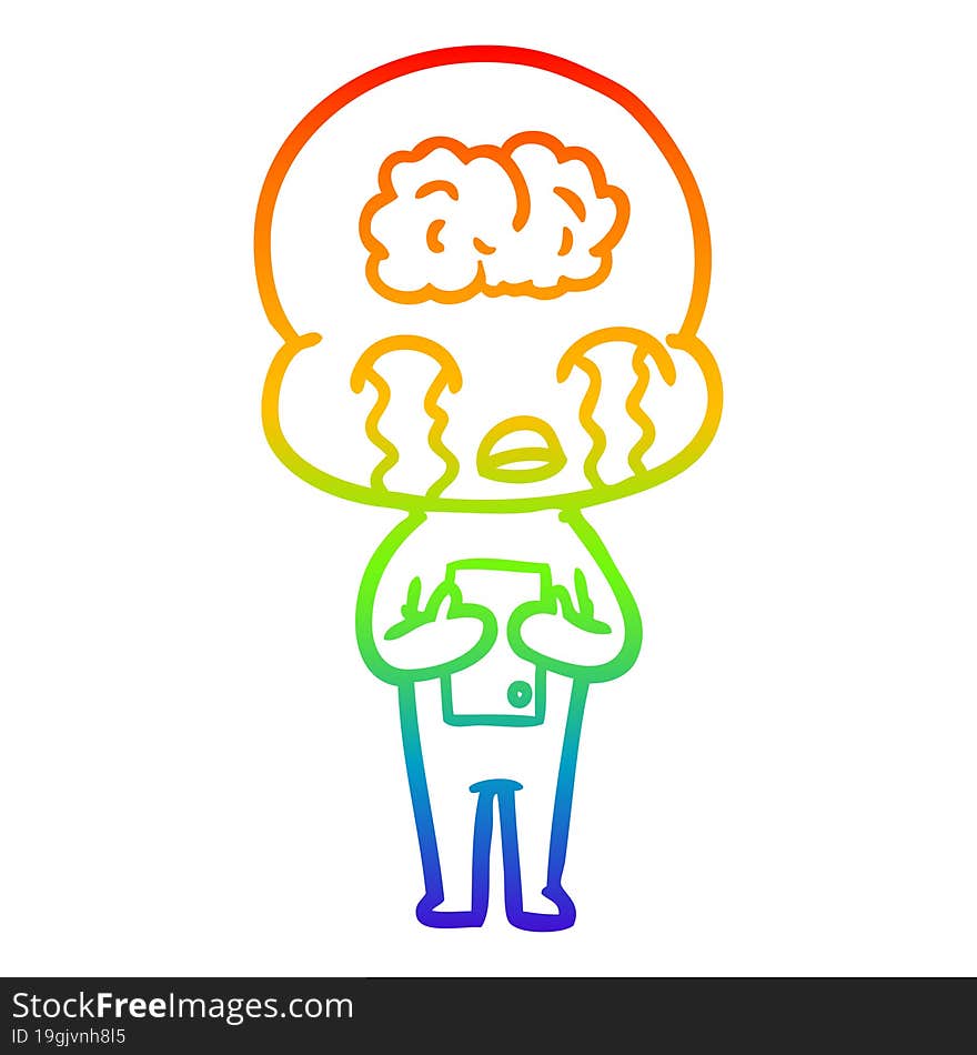 rainbow gradient line drawing cartoon big brain alien crying