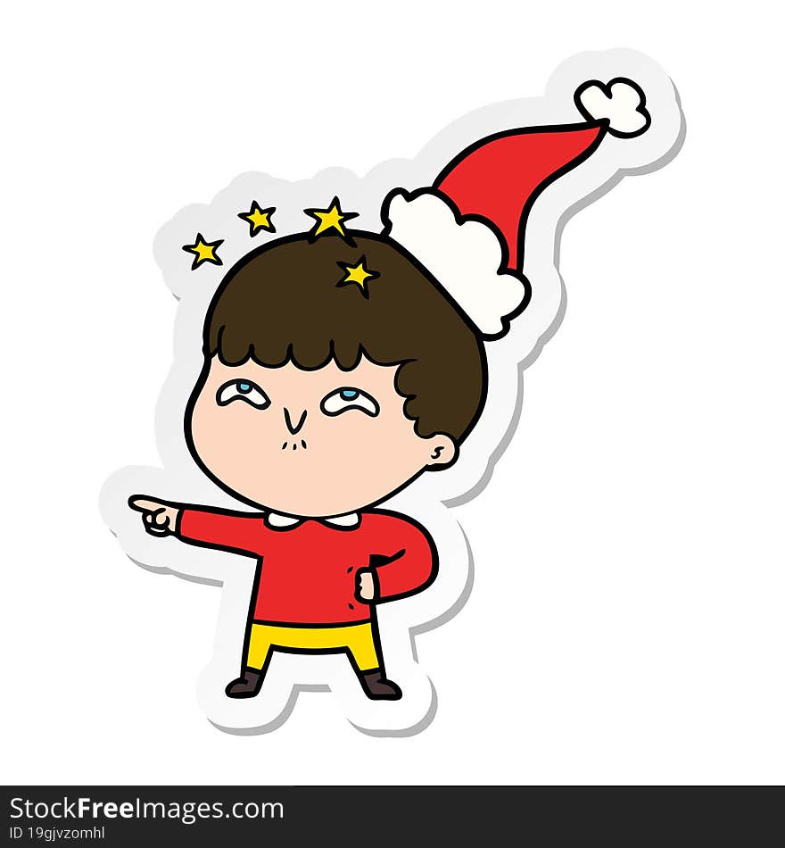 sticker cartoon of a amazed boy wearing santa hat