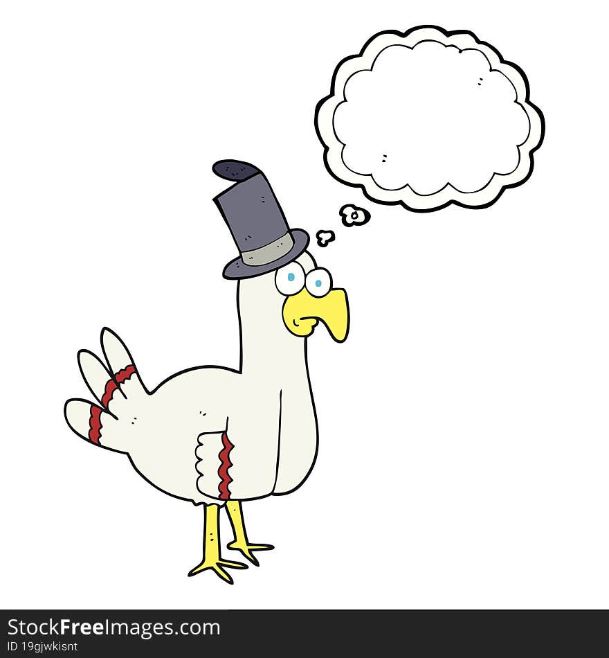 freehand drawn thought bubble cartoon bird wearing top hat