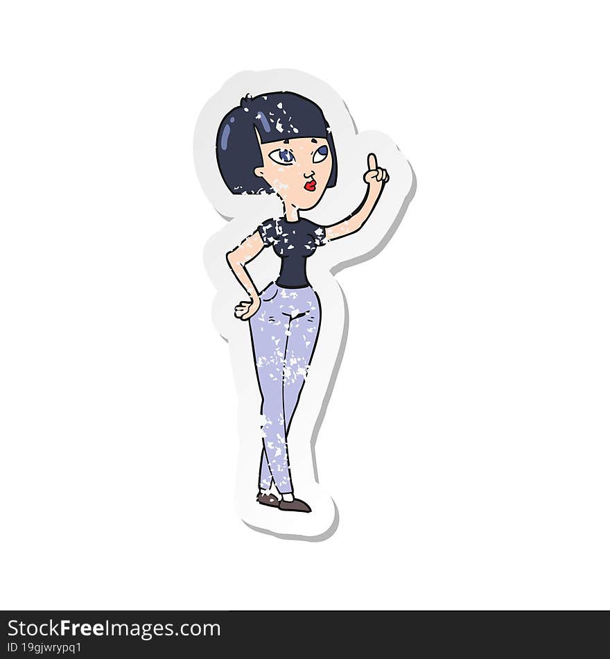 retro distressed sticker of a cartoon woman asking question