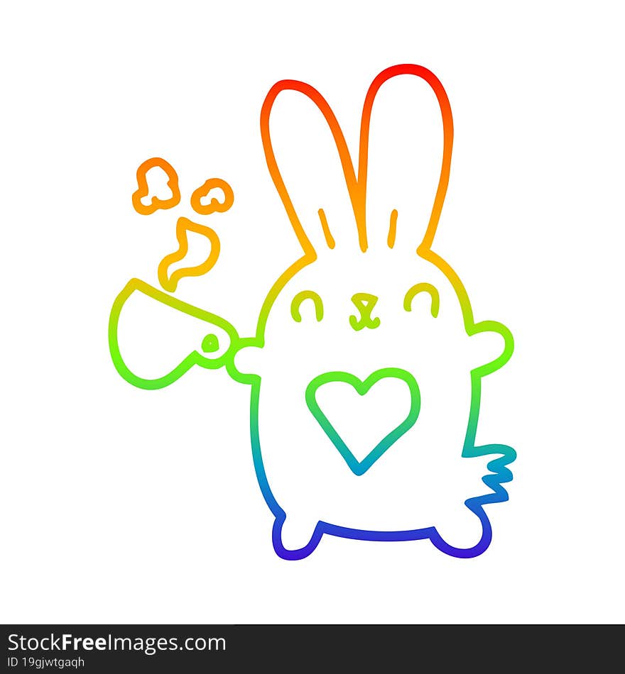 rainbow gradient line drawing of a cute cartoon rabbit with love heart and coffee cup