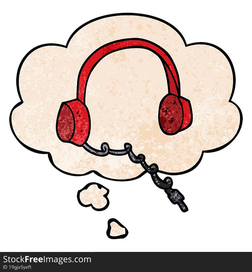 cartoon headphones and thought bubble in grunge texture pattern style