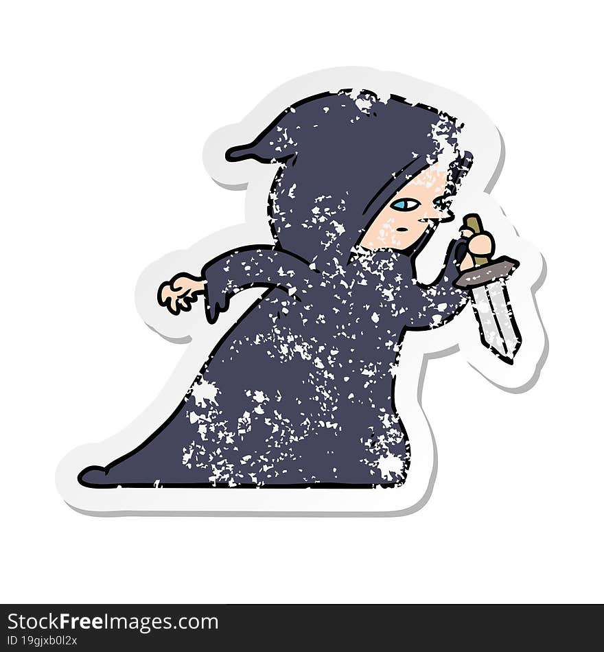 distressed sticker of a cartoon assassin