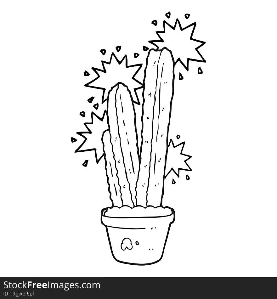 freehand drawn black and white cartoon cactus