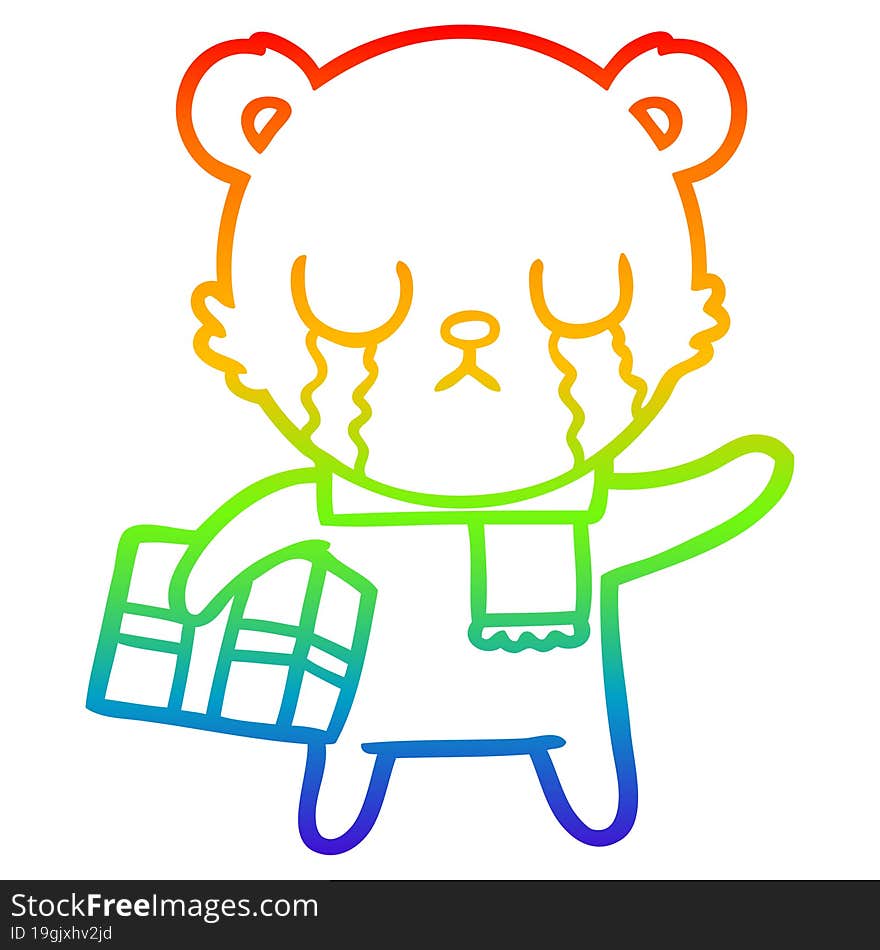 rainbow gradient line drawing crying polar bear cartoon with christmas gift