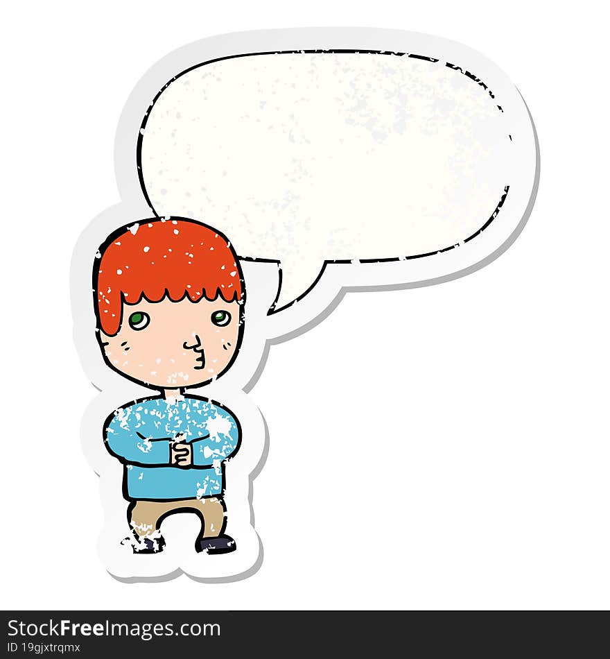 cartoon man thinking and speech bubble distressed sticker