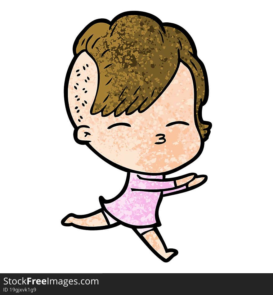 cartoon squinting girl running. cartoon squinting girl running