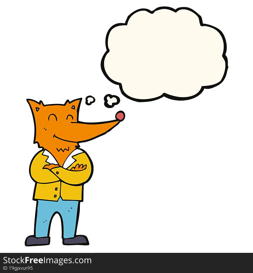 cartoon fox in shirt with thought bubble