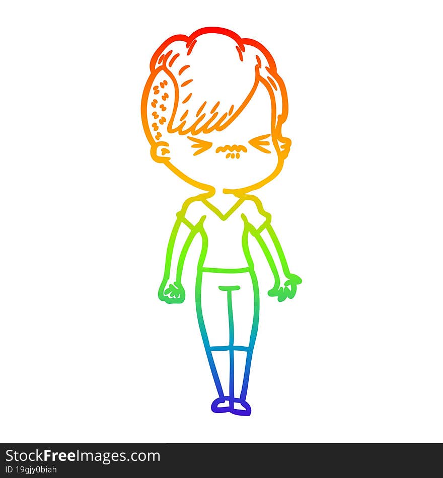 rainbow gradient line drawing of a cartoon annoyed hipster girl