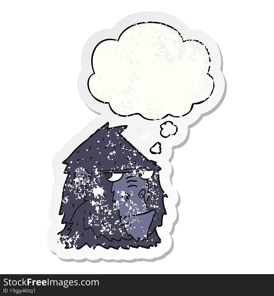 cartoon gorilla and thought bubble as a distressed worn sticker