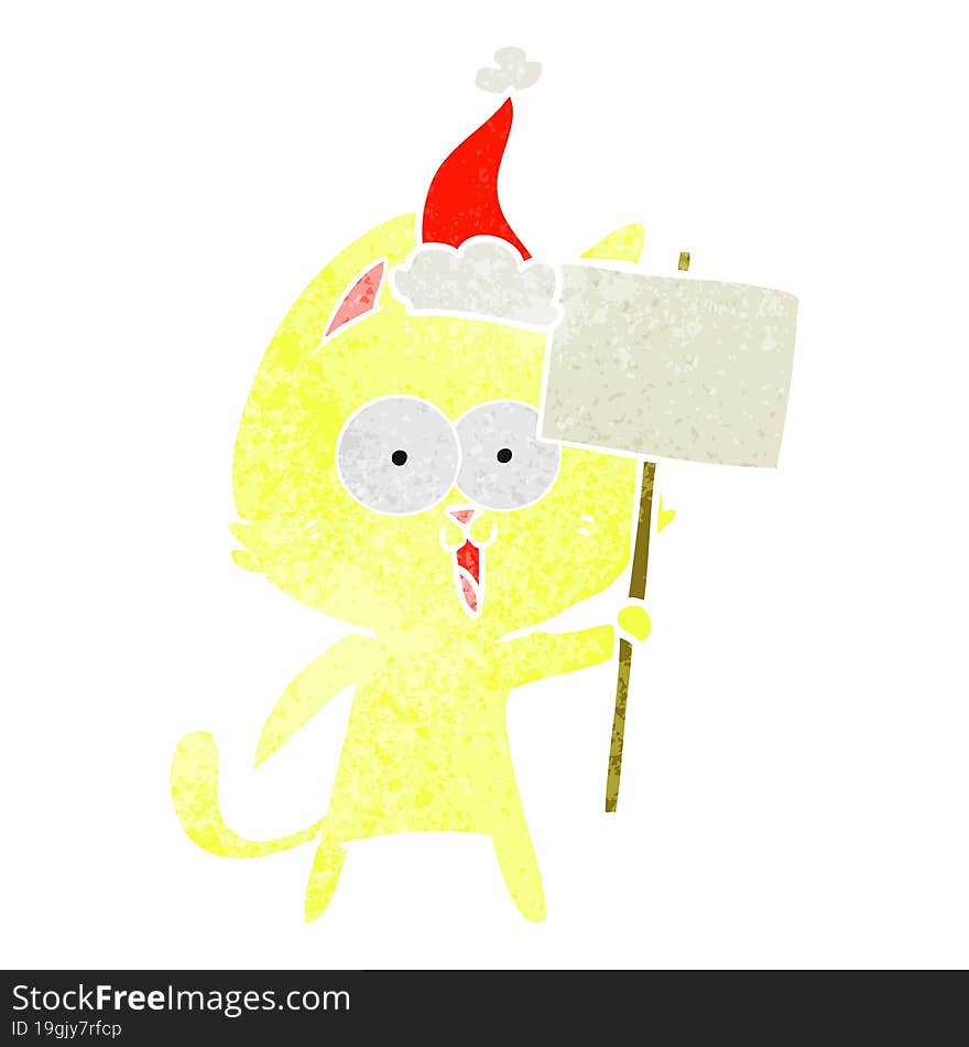 funny hand drawn retro cartoon of a cat with sign wearing santa hat. funny hand drawn retro cartoon of a cat with sign wearing santa hat