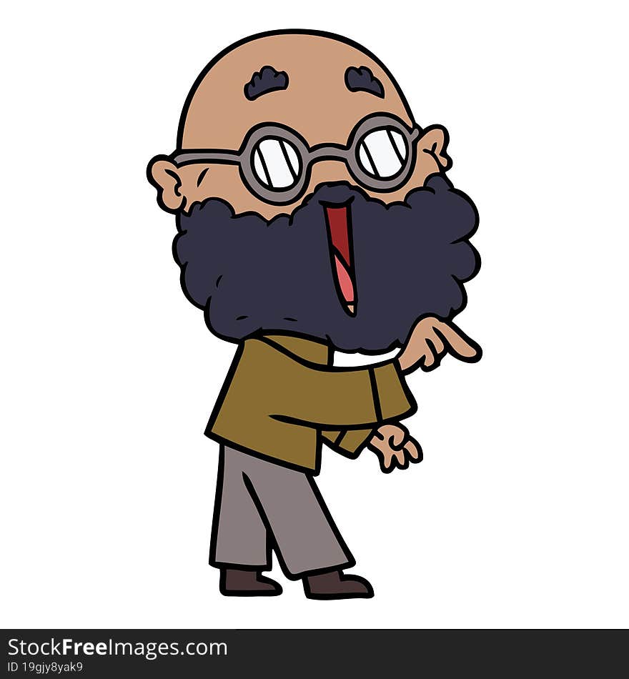 cartoon joyful man with beard pointing finger. cartoon joyful man with beard pointing finger