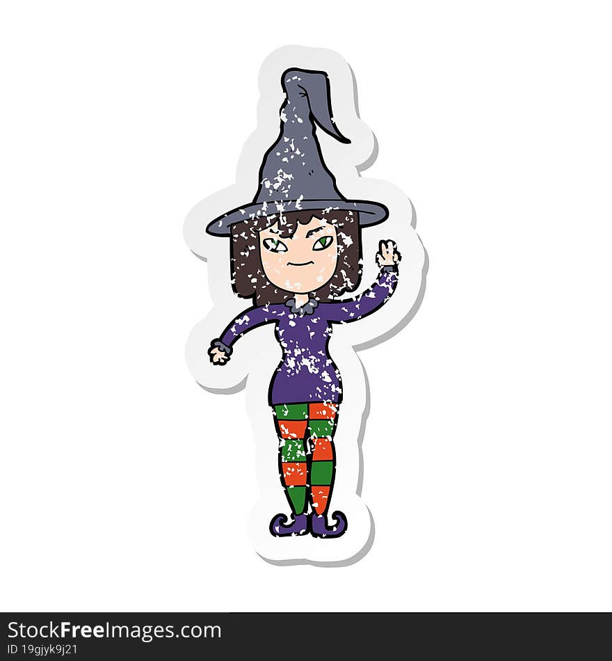 distressed sticker of a cartoon witch