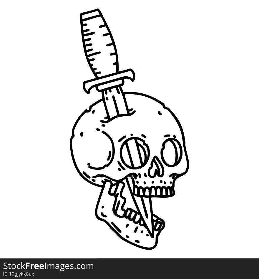 Black Line Tattoo Of A Skull And Dagger