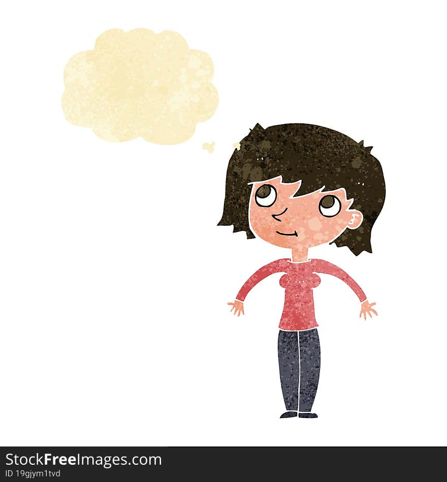 cartoon woman shrugging with thought bubble