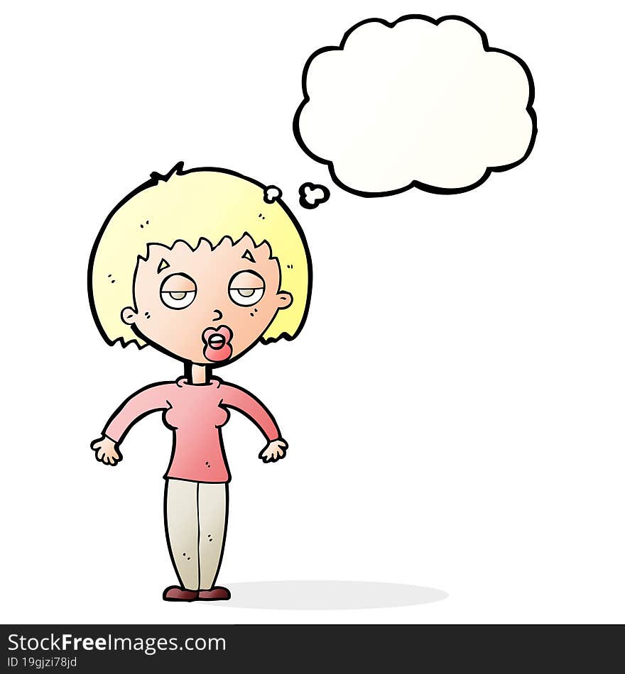 cartoon woman shrugging shoulders with thought bubble